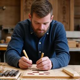 Portrait of Liam O'Connell, a wood carver, in his workshop, surrounded by various hand tools and a half-finished wooden wall panel, demonstrating his focus and precision.