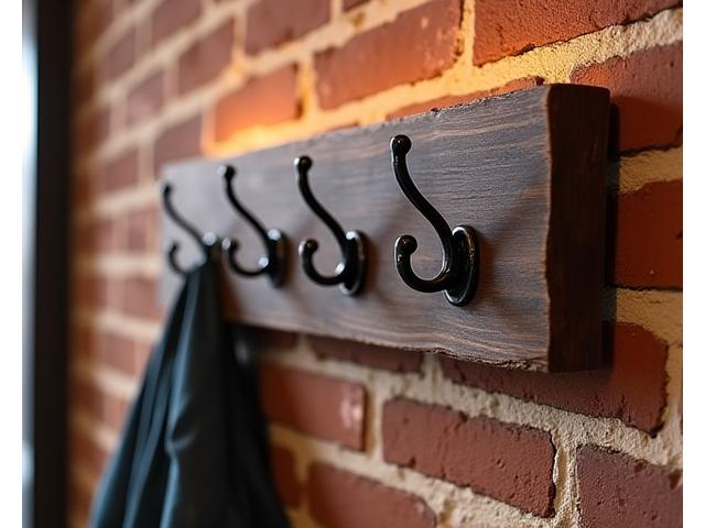 Rustic live-edge wood coat rack with forged iron hooks