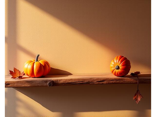 Rustic wooden shelf with subtle seasonal decorations