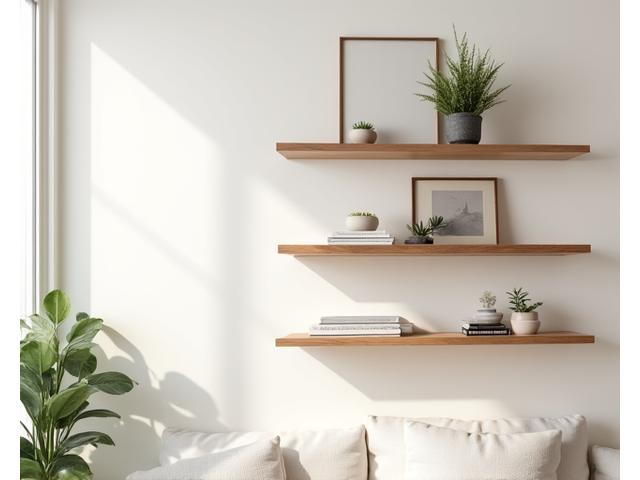 A minimalist living room with seamless floating oak shelves displaying books and small plants, blending into the wall and maximizing storage without clutter.