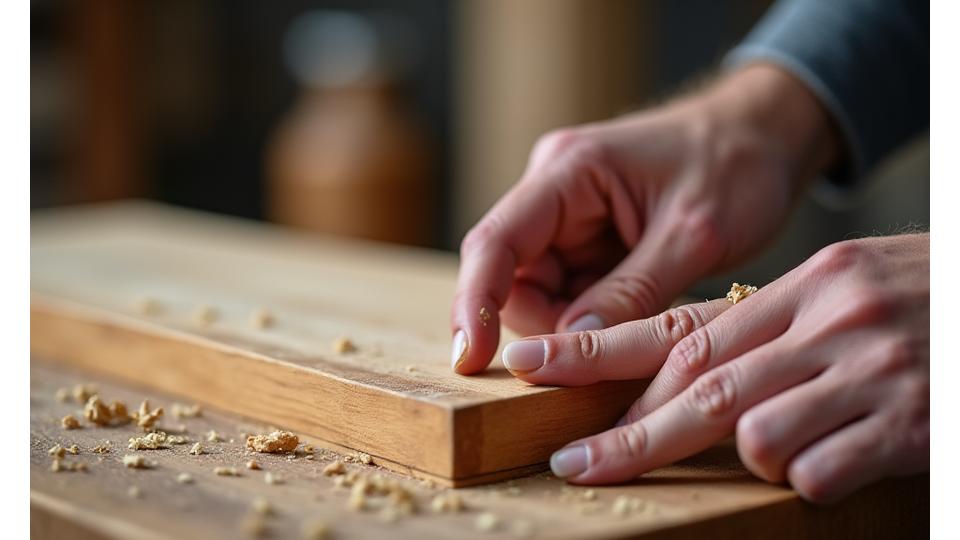 A close-up of a skilled artisan meticulously inspecting a wooden product for quality.