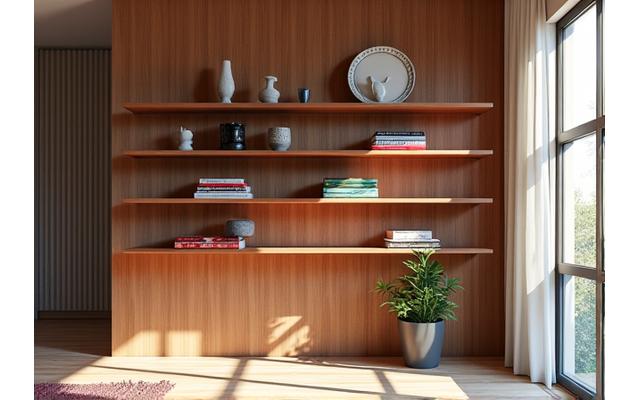 Artistic multi-tiered wooden statement shelf, adorned with unique sculptures and vibrant books.